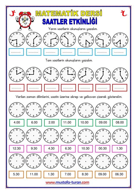 1 Sınıf Saatler Etkinliiği Ilkokul matematiği Matematik çalışma