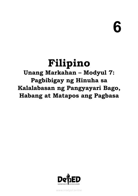 Filipino Modyul Pagbibigay Ng Hinuha Sa Kalalabasan Ng Pangyayari