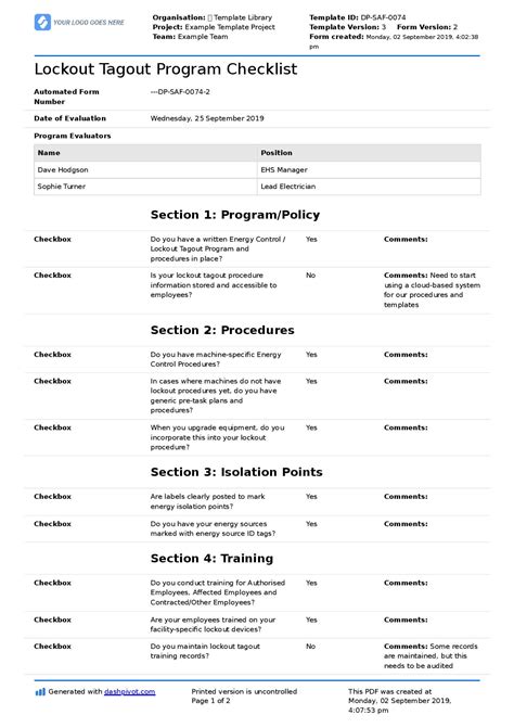 Lockout Tagout Program Audit Checklist: Free and editable checklist