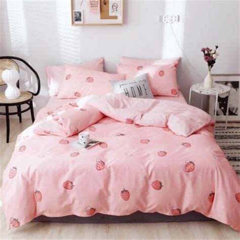 Pink Strawberry Duvet Cover Queen Cute Teen Girls Kawaii Fruit Bedding