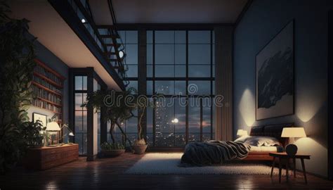 Luxury Penthouse Bedroom At Night Ai Generative Stock Illustration