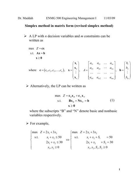 Simplex Method In Matrix Form Revised Simplex Method A Lp With N