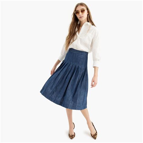 J Crew Cotton Pleated Chambray Midi Skirt In Blue Lyst