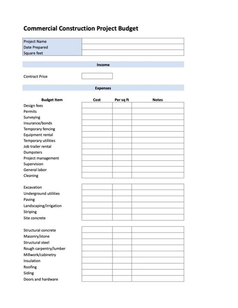 Printable Residential Construction Budget Template