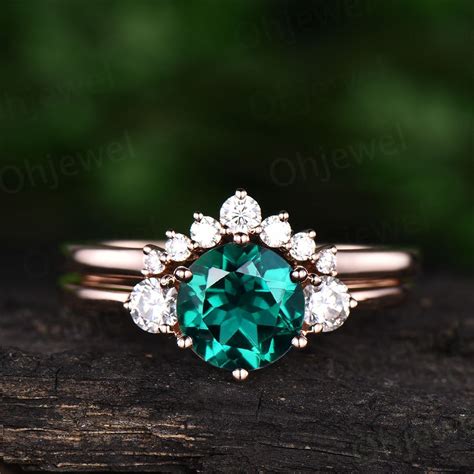 Three Stone Emerald Engagement Ring Set Rose Gold 14K 18K Etsy