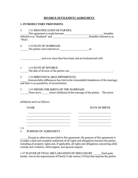 Divorce Settlement Agreement Templates Free