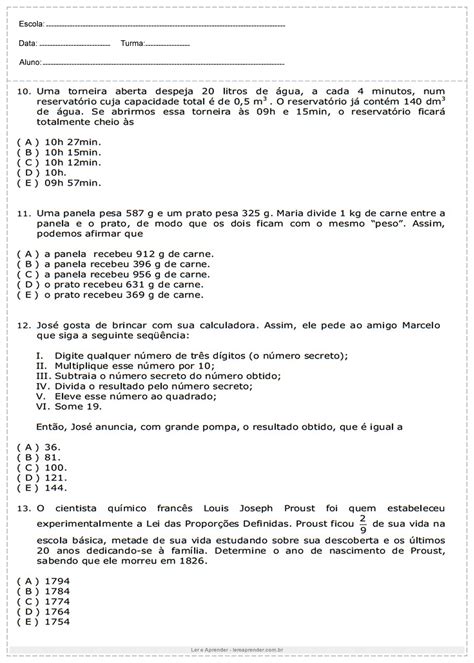 Atividades De Matemática Do 6º Ano Para Imprimir Ler E Aprender