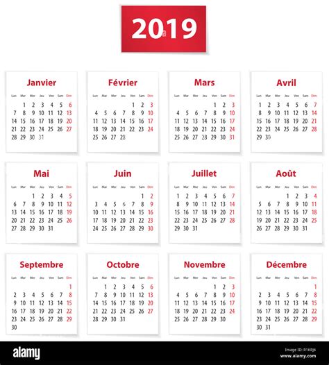 Calendar For 2019 Year In French On White Paper Vector Illustration