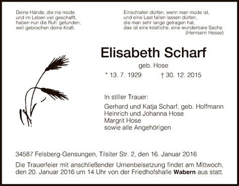 Traueranzeigen Von Elisabeth Scharf Trauer HNA De