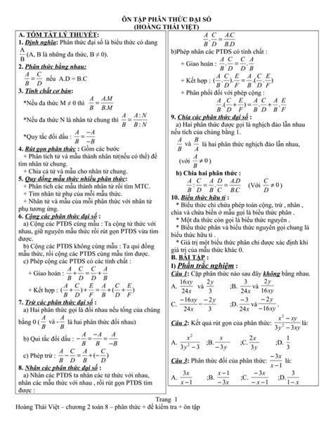 đề Cương ôn Tập Và Kiểm Tra Chương 2 Phân Thức Toán 8 Pdf