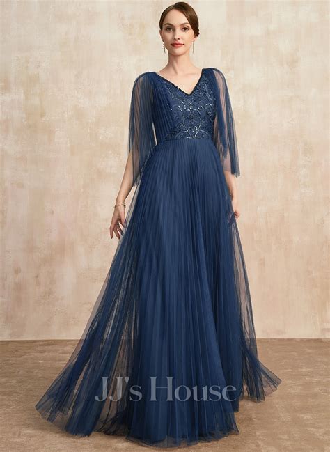 A Line V Neck Floor Length Lace Tulle Mother Of The Bride Dress With