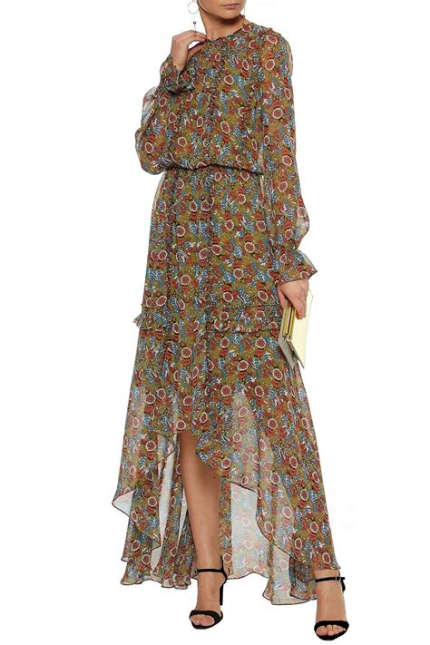 Mikael Aghal Split Front Ruffled Floral Print Chiffon Maxi Dress Sale