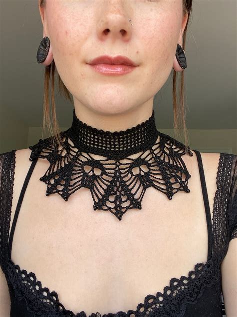 Black Lace Gothic Crochet Choker With Skulls And Beads Crochet Victorian Collar Skull Choker Etsy