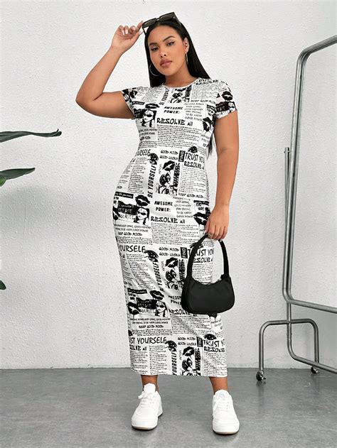 SHEIN Coolane Plus Newspaper Print Dress SHEIN USA