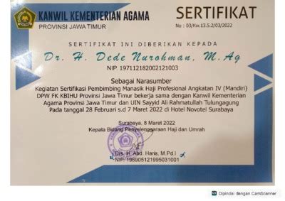 Sertifikat Narasumber Pembimbing Manasik Haji 2022 Institutional