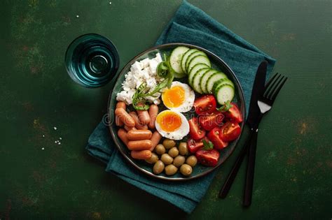 Healthy Keto Diet Breakfast Lunch Egg Feta Cheese Tomato Sausage Olive Stock Image Image Of