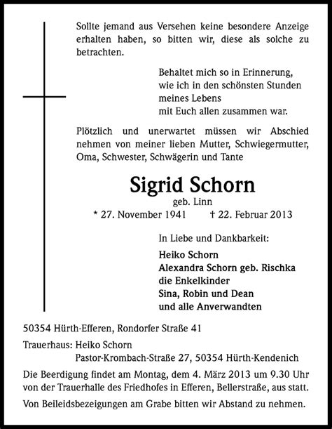 Traueranzeigen Von Sigrid Schorn Wirtrauern