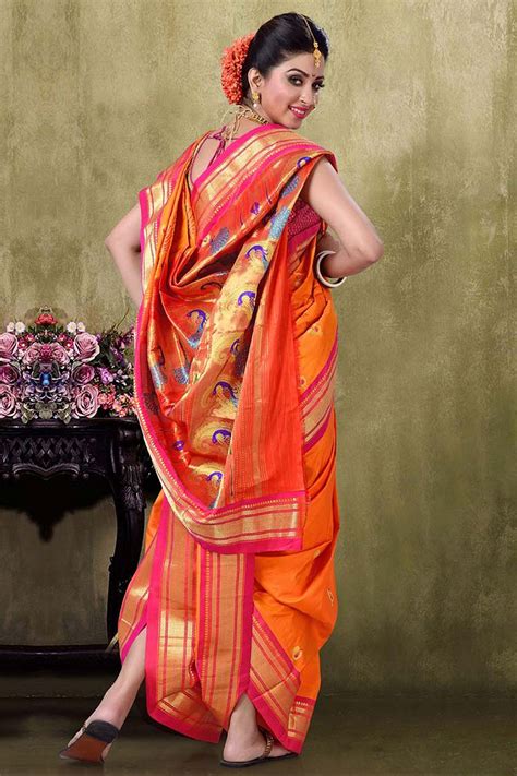 Traditional Orange Paithani Silk Saree With Pink Border