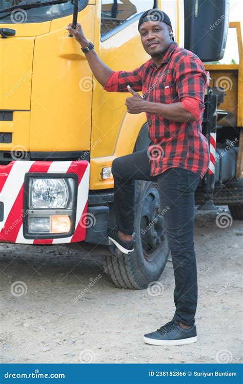 Smiling Truck Driver Man Thumbs Up Satisfied Service Transport Stock