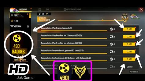 Free Fire Badges How To Hindi Complete All The Elite Pass Mission Ek घंटे May ¦ Jak Gamer