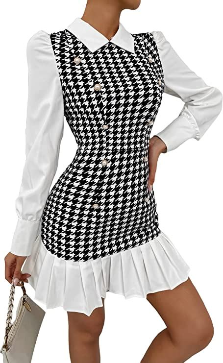 Wdirara Womens Houndstooth Print Long Puff Sleeve Collared Pleated