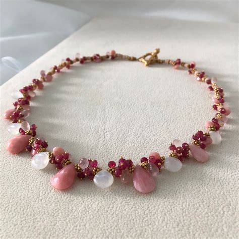 Semiprecious Gemstone Beaded Necklace In Gold Vermeil With Pink Opal Rainbow Moonstone Rose