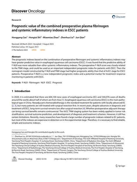 PDF Prognostic Value Of The Combined Preoperative Plasma Fibrinogen