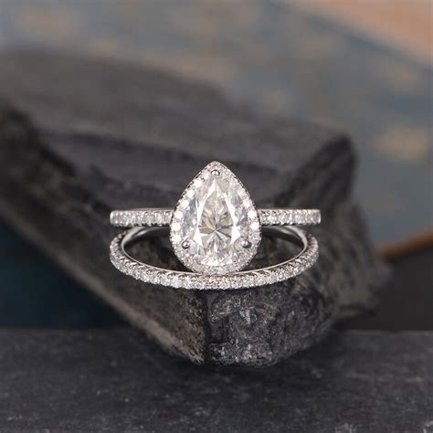 Pear Shaped Moissanite Engagement Ring Bridal Set White Gold Etsy