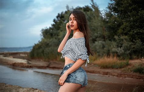 Wallpaper Look Trees Nature Sexy Pose Model Shorts Portrait For