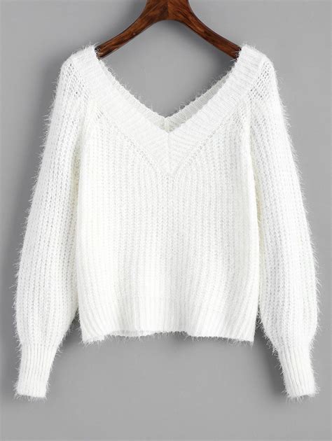 Fuzzy Cropped V Neck Sweater In White Zaful 2024