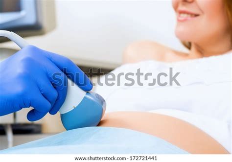 Closeup Hands Abdominal Ultrasound Scanner Pregnant Stock Photo