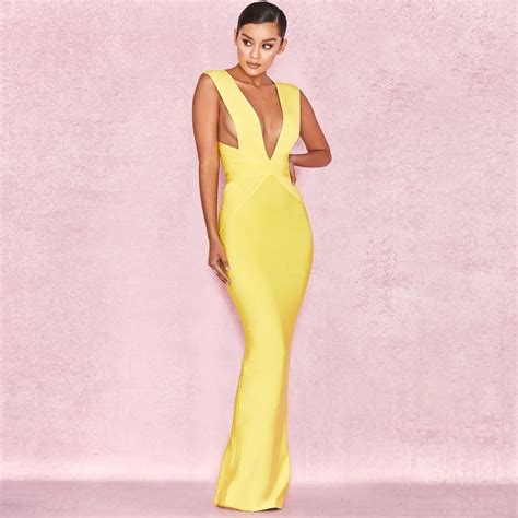 Bandage Dress Yellow Sexy Long Party Dress Bandage Rayon Backless Deep V Evening Bandage Dress