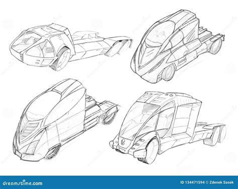 Pencil Concept Art Drawing Of Set Of Futuristic Truck Designs Stock