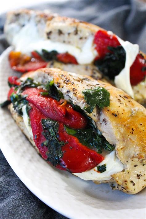 Roasted Red Pepper Spinach And Mozzarella Stuffed Chicken Breast