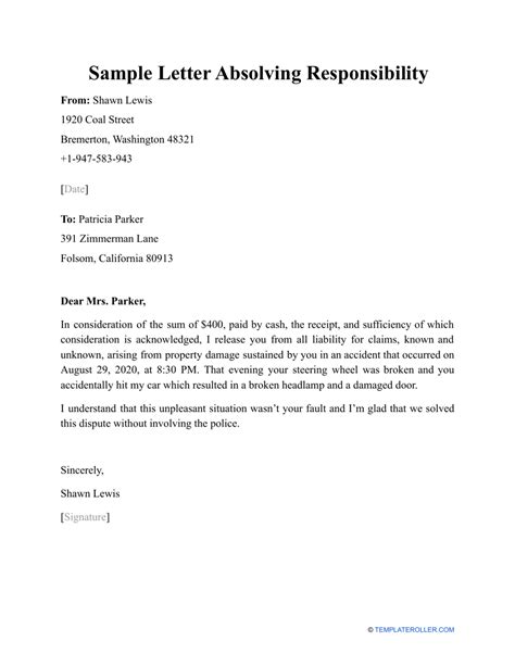 Sample Letter Absolving Responsibility Download Printable Pdf Templateroller