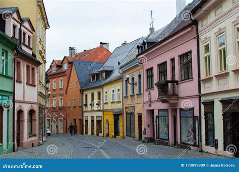 Typical Colorful Czech Houses In A Street In The Old Town Of The Small