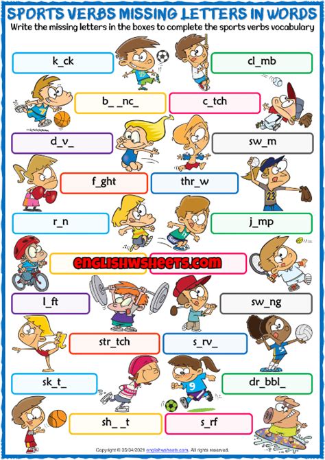 Sports Verbs Esl Missing Letters In Words Exercise Worksheet