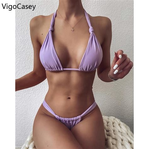 Vigocasey Sexy Micro Bikini Set Solid Halter Swimwear Women 2021