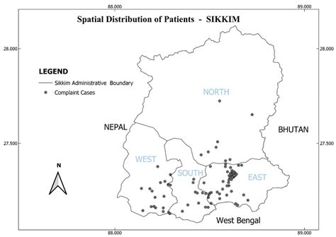 Epidemiological map showing the distribution of patients with longitude ...