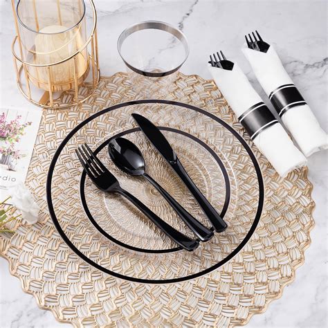 Goodluck 350 Piece Black Plastic Dinnerware Set For Party Clear