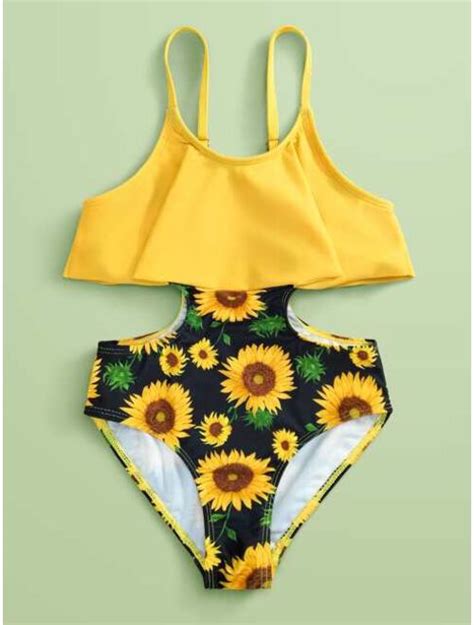 Buy Shein Girls Sunflower Print Cut Out One Piece Swimsuit Online