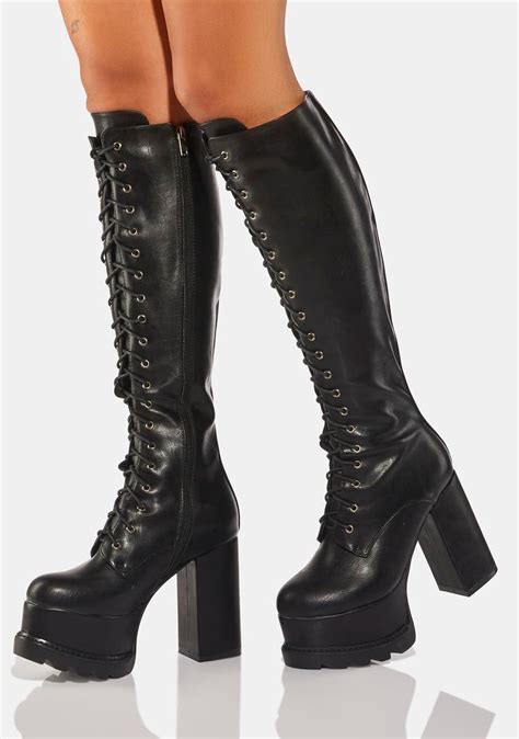 Lamoda Vegan Leather Knee High Lace Up Platform Heel Boots Black