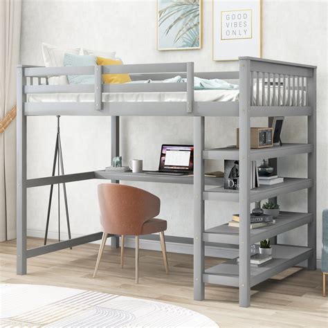 Full Size Loft Bed With Under Bed Desk And Storage Shelves For Kids