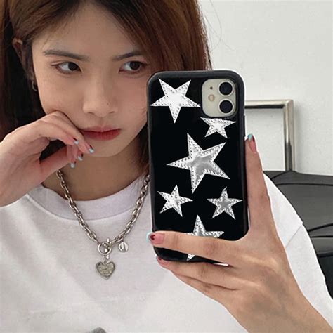 Cool Silver Star Gloss Black Fashion Phone Case For Iphone 14 13 Pro