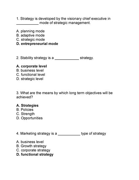 Strategic Management Mcq A Planning Mode B Adaptive Mode C