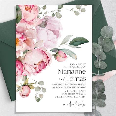 Peony Wedding Invitation Template Pink Peonies Wedding Invite Editable