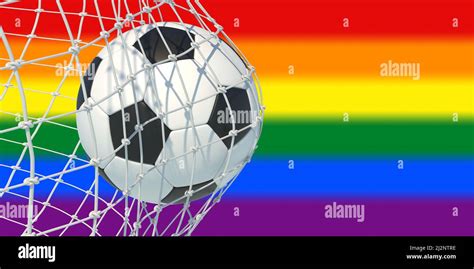 Soccer Ball In Goal Net Rainbow Lgbt Color Background Close Up View Gay Football Sport Event