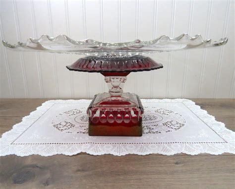 Large 14 Glass Footed Cake Stand Made From Vintage Ruby Etsy Footed Cake Stand Large Cake