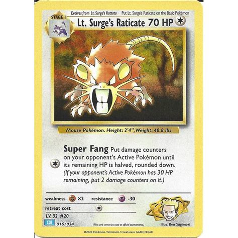 Pokemon Trading Card Game 016 034 Lt Surge S Raticate Classic