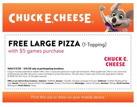 With Coupon And A 5 Games Purchase At Chuck E Cheese Score A FREE